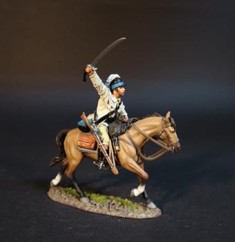 Image of Continental Dragoon (white tunic), Third Continental Dragoons, American Continental and Militia Dragoons, The Battle of Cowpens, January 17th, 1781, The American War of Independence, 1775–1783--single mounted figure with sword outstretched above head