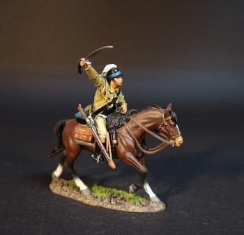Image of Continental Dragoon (yellow tunic), Third Continental Dragoons, American Continental and Militia Dragoons, The Battle of Cowpens, January 17th, 1781, The American War of Independence, 1775–1783--single mounted figure with sword outstretched above head