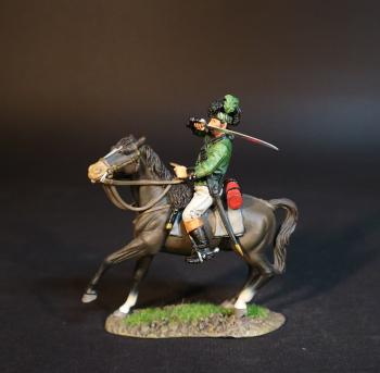 Image of Trooper, Tarleton's Raiders, The British Legion, The Battle of Cowpens, January 17th, 1781, The American War of Independence, 1775–1783--single mounted figure with sword raised to the left to parry or strike