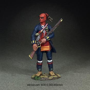 Image of "The New Trade Coat", Native Warrior with European Trade Coat--single standing figure with musket