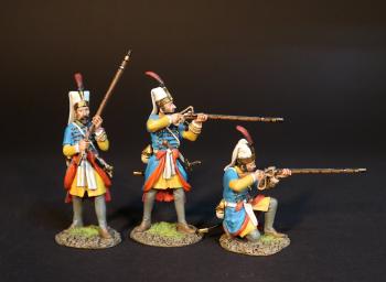 Image of Three Janissaries in Blue uniforms (standing readying, standing firing, kneeling firing), Janissaries, The Ottoman Empire, The Great Siege of Malta, 1565, The Crusades--three figures