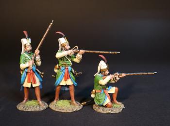 Image of Three Janissaries in Green uniforms (standing readying, standing firing, kneeling firing), Janissaries, The Ottoman Empire, The Great Siege of Malta, 1565, The Crusades--three figures