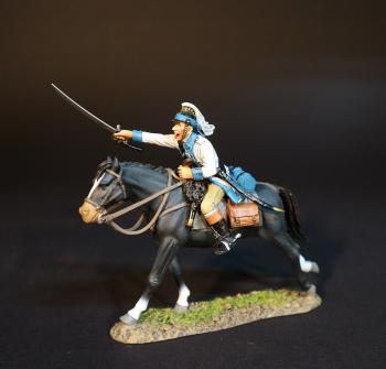 Image of Continental Dragoon (white tunic), American Continental and Militia Dragoons, The Battle of Cowpens, January 17th, 1781, The American War of Independence, 1775–1783--single mounted figure with sword outstretched forward