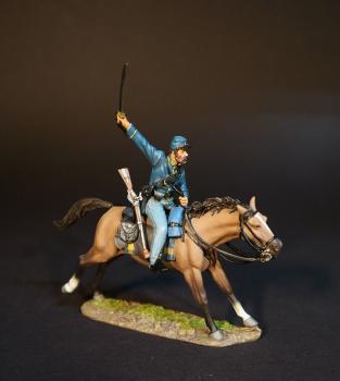 Image of Cavalry Corpsman Charging on Tan Horse (sword raised trailing), 2nd U.S. Cavalry Regiment, The Army of the Potomac, The Battle of Brandy Station, June 9th, 1863, The American Civil War, 1861-1865--single mounted figure