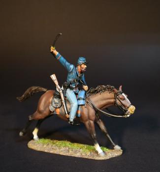 Image of Cavalry Corpsman Charging on Dark Brown Horse (sword raised trailing), 2nd U.S. Cavalry Regiment, The Army of the Potomac, The Battle of Brandy Station, June 9th, 1863, The American Civil War, 1861-1865--single mounted figure