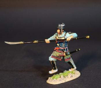 Image of Samurai Retainer (black armor & helmet, light blue clothes, naganata pointed forward), The Taira Clan, The Gempei War, 1180-1185--single figure
