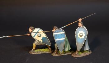 Image of French Spearmen with kite shields A, European Allied Infantry, Norman Army, The Age of Arthur--three standing figures (crouching thrusting underarm, crouching thrusting overarm, standing stabbing down)