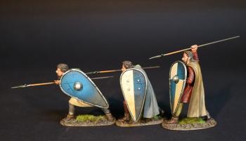 Image of French Spearmen with kite shields B, European Allied Infantry, Norman Army, The Age of Arthur--three standing figures (crouching thrusting underarm, crouching thrusting overarm, standing stabbing down)