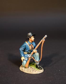 Image of United States Mounted Infantry Kneeling with rifle upright in left hand, The Battle of the Rosebud, 17th June 1876, The Black Hill Wars 1876-1877--single figure Image of United States Mounted Infantry Kneeling with rifle upright in left hand, The Battle of the Rosebud, 17th June 1876, The Black Hill Wars 1876-1877--single figure