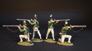 Image of Four Light Infantry Skirmishing (2 standing firing, 2 kneeling firing), Simcoe's Rangers, The Queen's Rangers (1st American Regiment) 1778-1783, British Army, The American War of Independence, 1778-1783--four figures
