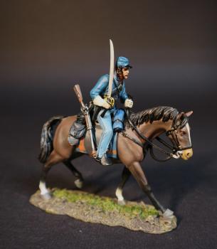 Image of Cavalry Corpsman Charging on Dark Brown Horse (upright saber), 2nd U.S. Cavalry Regiment, The Army of the Potomac, The Battle of Brandy Station, June 9th, 1863, The American Civil War, 1861-1865--single mounted figure