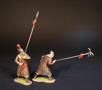 Image of Two Korean Auxillary Spearman (brown armor), The Mongol Invasions of Japan, 1274 and 1281--two figures (pointing spiked hook, holding spear upright) Image of Two Korean Auxillary Spearman (brown armor), The Mongol Invasions of Japan, 1274 and 1281--two figures (pointing spiked hook, holding spear upright)