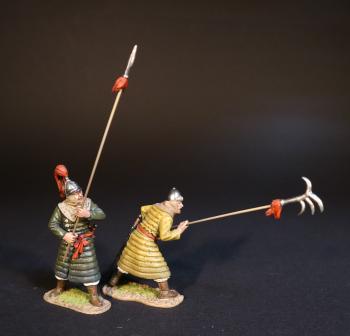Image of Two Korean Auxillary Spearman, The Mongol Invasions of Japan, 1274 and 1281--two figures (in tan armor pointing spiked hook, in green armor holding spear upright) Image of Two Korean Auxillary Spearman, The Mongol Invasions of Japan, 1274 and 1281--two figures (in tan armor pointing spiked hook, in green armor holding spear upright)