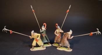 Image of Four Korean Auxillary Spearman, The Mongol Invasions of Japan, 1274 and 1281--four figures (2 pointing spiked hooks, 2 holding spears upright) Image of Four Korean Auxillary Spearman, The Mongol Invasions of Japan, 1274 and 1281--four figures (2 pointing spiked hooks, 2 holding spears upright)