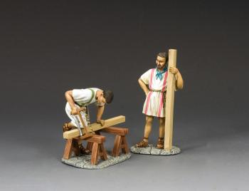 Image of The Roman Carpenters--two Roman worker figures (sawing at a sawhorse, standing holding timber) Image of The Roman Carpenters--two Roman worker figures (sawing at a sawhorse, standing holding timber)