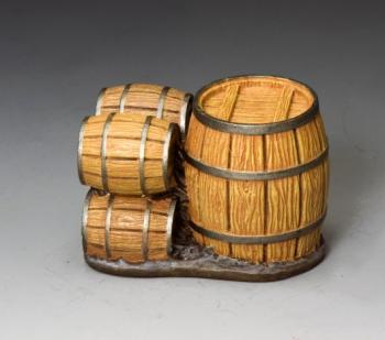Image of A Bundle of Barrels--single large barrel and four stacked smaller barrels on single base