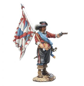Image of Tercio Catholic League Standard, The Thirty Years War (1618-1648)--single figure with standard pointing pistol Image of Tercio Catholic League Standard, The Thirty Years War (1618-1648)--single figure with standard pointing pistol