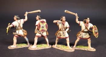Image of Four Balearic Slingers, The Carthaginians, The Battle of Zama, 202 BCE, Armies and Enemies of Ancient Rome--four figures (2 standing loading, 2 wearing shields and winding up