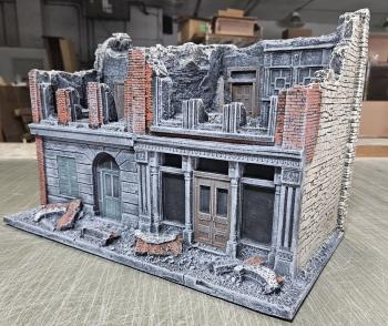 Destroyed 2 Story Storefront with Rubble (no roof) Painted--15.5 in. L x 8.5 in. D x 10.5 in. H --AWAITING RESTOCK. Destroyed 2 Story Storefront with Rubble (no roof) Painted--15.5 in. L x 8.5 in. D x 10.5 in. H --AWAITING RESTOCK. #14825