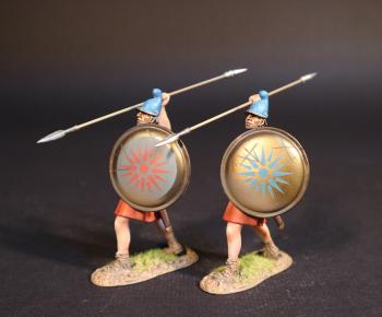 Two Macedonian Hypaspist (Blue, Red Markings on Shield), The Macedonian Phalanx, Armies and Enemies of Ancient Greece and Macedonia--two figures carrying spear overhand and shield Two Macedonian Hypaspist (Blue, Red Markings on Shield), The Macedonian Phalanx, Armies and Enemies of Ancient Greece and Macedonia--two figures carrying spear overhand and shield #49664