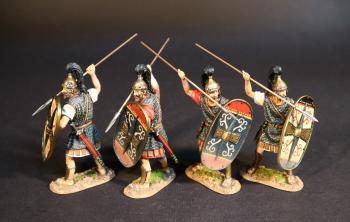 Image of Four Celtibarian Scutarius, The Carthaginians, The Battle of Zama, 202 BCE, Armies and Enemies of Ancient Rome--four figures with spear & oval shield ready to thrust to thrust overhand--RETIRED -- LAST ONE!