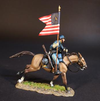 Image of Standard Bearer (tan horse), 1st Maine Cavalry Regiment, Union Cavalry, Cavalry Corps, The Army of the Potomac, The Battle of Brandy Station, June 9th, 1863, The American Civil War, 1861-1865--single mounted figure carrying Stars and Stripes "A"