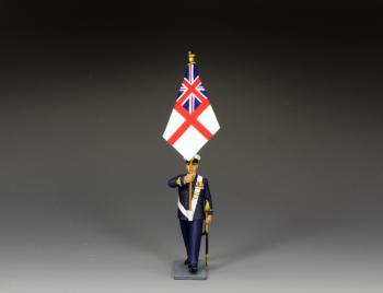 Image of Royal Navy Sub Lieutenant Marching with White Ensign--single figure with flag