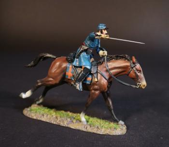 Image of Officer with Sword Pointed Forward (blue blanket with red stripes, 2nd U.S. Cavalry Regiment, Union Cavalry Corps, The Army of the Potomac, The Battle of Brandy Station, June 9th, 1863, The American Civil War, 1861-1865--single mounted figure Image of Officer with Sword Pointed Forward (blue blanket with red stripes, 2nd U.S. Cavalry Regiment, Union Cavalry Corps, The Army of the Potomac, The Battle of Brandy Station, June 9th, 1863, The American Civil War, 1861-1865--single mounted figure