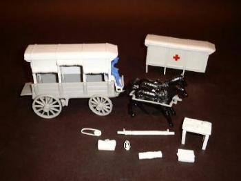 Image of Red Cross Ambulance -- wagon body (brown) w/2 different (gray) tops and (gray) driver (54mm)