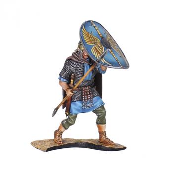 Roman Auxiliary Legionary Shield Wall, Middle Rank V1, Cohors II Flavia Bessorum--single figure with steel helmet, cape, spear, and shield raised in front of head Roman Auxiliary Legionary Shield Wall, Middle Rank V1, Cohors II Flavia Bessorum--single figure with steel helmet, cape, spear, and shield raised in front of head #50612
