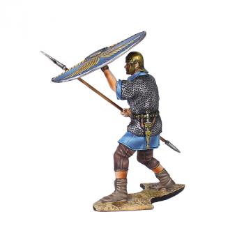 Roman Auxiliary Legionary Shield Wall, Middle Rank V2, Cohors II Flavia Bessorum--single figure with bronze helmet, blue ascot, brown trousers, spear, and shield raised in front of head Roman Auxiliary Legionary Shield Wall, Middle Rank V2, Cohors II Flavia Bessorum--single figure with bronze helmet, blue ascot, brown trousers, spear, and shield raised in front of head #50613
