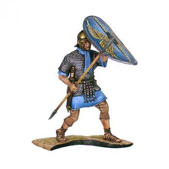 Roman Auxiliary Legionary Shield Wall, Middle Rank V3, Cohors II Flavia Bessorum--single figure with bronze helmet, blue ascot, tan trousers, spear, and shield raised in front of head Roman Auxiliary Legionary Shield Wall, Middle Rank V3, Cohors II Flavia Bessorum--single figure with bronze helmet, blue ascot, tan trousers, spear, and shield raised in front of head #50614