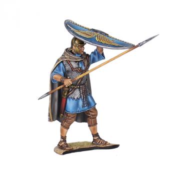 Roman Auxiliary Legionary Shield Wall, Rear Rank V1, Cohors II Flavia Bessorum--single figure with bronze helmet, checkered cloak, tan trousers, spear, and shield raised in above head Roman Auxiliary Legionary Shield Wall, Rear Rank V1, Cohors II Flavia Bessorum--single figure with bronze helmet, checkered cloak, tan trousers, spear, and shield raised in above head #50615