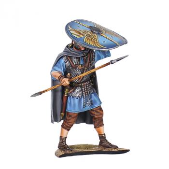 Roman Auxiliary Legionary Shield Wall, Rear Rank V2, Cohors II Flavia Bessorum--single figure with bronze helmet, grey cloak, brown trousers, spear, and shield raised above head Roman Auxiliary Legionary Shield Wall, Rear Rank V2, Cohors II Flavia Bessorum--single figure with bronze helmet, grey cloak, brown trousers, spear, and shield raised above head #50616