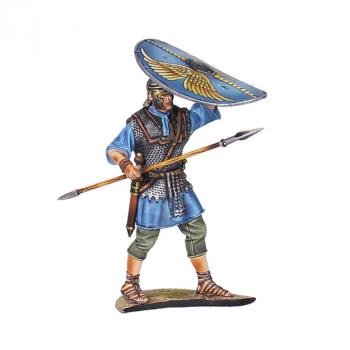 Roman Auxiliary Legionary Shield Wall, Rear Rank V3, Cohors II Flavia Bessorum--single figure with steel helmet, no cloak, green trousers, spear, and shield raised above head Roman Auxiliary Legionary Shield Wall, Rear Rank V3, Cohors II Flavia Bessorum--single figure with steel helmet, no cloak, green trousers, spear, and shield raised above head #50617