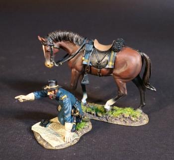 Image of Officer with Map of Virginia, Union Cavalry Corps, The Army of the Potomac, The Battle of Brandy Station, June 9th, 1863, ACW, 1861-1865--single kneeling figure with spread map and standing horse Image of Officer with Map of Virginia, Union Cavalry Corps, The Army of the Potomac, The Battle of Brandy Station, June 9th, 1863, ACW, 1861-1865--single kneeling figure with spread map and standing horse