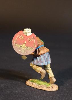 Image of Kardake Light Infantry (orange tunic with green sleeves, red shield), The Achaemenid Persian Empire, Armies and Enemies of Ancient Greece and Macedonia--single advancing figure with lowered Sagaris & crescent shield, left foot in air--PRE-ORDERS ONLY. Image of Kardake Light Infantry (orange tunic with green sleeves, red shield), The Achaemenid Persian Empire, Armies and Enemies of Ancient Greece and Macedonia--single advancing figure with lowered Sagaris & crescent shield, left foot in air--PRE-ORDERS ONLY.
