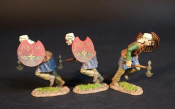Image of Three Kardake Light Infantrymen (orange tunic with green sleeves, red shield), The Achaemenid Persian Empire, Armies and Enemies of Ancient Greece and Macedonia--three advancing figures with lowered Sagari & crescent shields, left feet in air--PRE-ORDERS.