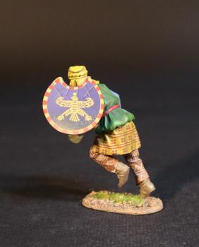 Image of Kardake Light Infantry (green tunic with blue sleeves, blue shield), The Achaemenid Persian Empire, Armies and Enemies of Ancient Greece and Macedonia--single advancing figure with lowered Sagaris & crescent shield, left foot in air--PRE-ORDERS ONLY. Image of Kardake Light Infantry (green tunic with blue sleeves, blue shield), The Achaemenid Persian Empire, Armies and Enemies of Ancient Greece and Macedonia--single advancing figure with lowered Sagaris & crescent shield, left foot in air--PRE-ORDERS ONLY.