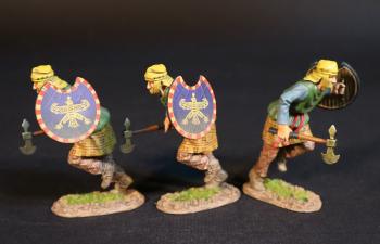 Image of Three Kardake Light Infantrymen (green tunic with blue sleeves, blue shield), The Achaemenid Persian Empire, Armies and Enemies of Ancient Greece and Macedonia--three advancing figures with lowered Sagari & crescent shields, left feet in air--PRE-ORDERS.