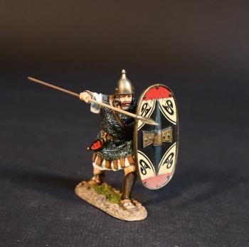 Image of Celtibarian Scutarii (white tunic), The Carthaginians, The Battle of Zama, 202 BCE, Armies and Enemies of Ancient Rome--single advancing figure with oval shield preparing to thrust spear at shoulder-height--ACCEPTING PRE-ORDERS ONLY. Image of Celtibarian Scutarii (white tunic), The Carthaginians, The Battle of Zama, 202 BCE, Armies and Enemies of Ancient Rome--single advancing figure with oval shield preparing to thrust spear at shoulder-height--ACCEPTING PRE-ORDERS ONLY.