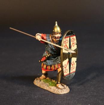 Image of Celtibarian Scutarii (red tunic), The Carthaginians, The Battle of Zama, 202 BCE, Armies and Enemies of Ancient Rome--single advancing figure with oval shield preparing to thrust spear at shoulder-height--ACCEPTING PRE-ORDERS ONLY. Image of Celtibarian Scutarii (red tunic), The Carthaginians, The Battle of Zama, 202 BCE, Armies and Enemies of Ancient Rome--single advancing figure with oval shield preparing to thrust spear at shoulder-height--ACCEPTING PRE-ORDERS ONLY.