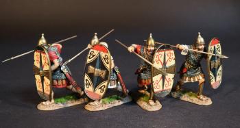 Image of Four Celtibarian Scutarius (2 with white tunics, 2 with red tunics), The Carthaginians, The Battle of Zama, 202 BCE, Armies and Enemies of Ancient Rome--four advancing figures with oval shields preparing to thrust spear at shoulder height--PRE-ORDERS ONLY Image of Four Celtibarian Scutarius (2 with white tunics, 2 with red tunics), The Carthaginians, The Battle of Zama, 202 BCE, Armies and Enemies of Ancient Rome--four advancing figures with oval shields preparing to thrust spear at shoulder height--PRE-ORDERS ONLY