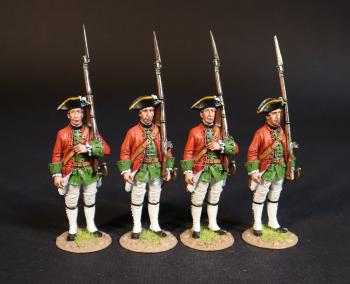 Image of Four Infantrymen (2 musket held in left hand; 2 musket held under left elbow, left hand across chest), Lally's (Irish) Regiment, The French Army, The Battle of Wandewash, The Third Carnatic War, 22nd January 1760, The Seven Years War, 1756-1763--4 figures Image of Four Infantrymen (2 musket held in left hand; 2 musket held under left elbow, left hand across chest), Lally's (Irish) Regiment, The French Army, The Battle of Wandewash, The Third Carnatic War, 22nd January 1760, The Seven Years War, 1756-1763--4 figures