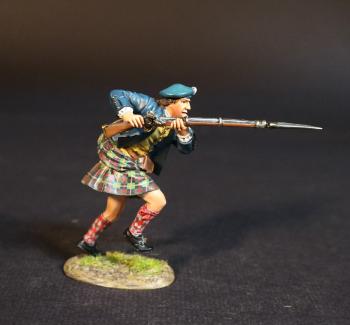 Image of Highlander Charging with Musket (blue jacket, yellow vest), The Jacobite Army, The Battle of Culloden, 16th April 1745, The Jacobite Rebellion, 1745--single figure Image of Highlander Charging with Musket (blue jacket, yellow vest), The Jacobite Army, The Battle of Culloden, 16th April 1745, The Jacobite Rebellion, 1745--single figure