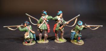 Image of Four Rangers (2 standing, reaching for cartridge; 2 kneeling firing), Roger's Rangers, The Raid on St. Francis, 1759, The French and Indian War, 1754-1763--four figures Image of Four Rangers (2 standing, reaching for cartridge; 2 kneeling firing), Roger's Rangers, The Raid on St. Francis, 1759, The French and Indian War, 1754-1763--four figures