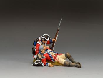 Image of "Caring For His Captain," 4th (King Own) Regiment of Foot--single kneeling infantryman figure cradling fallen captain in his arms & hat Image of "Caring For His Captain," 4th (King Own) Regiment of Foot--single kneeling infantryman figure cradling fallen captain in his arms & hat