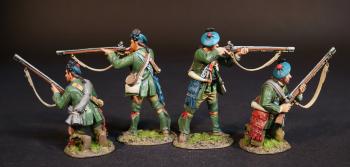 Image of Four Rangers (2 standing aiming; 2 kneeling readying), Roger's Rangers, The Raid on St. Francis, 1759, The French and Indian War, 1754-1763--four figures Image of Four Rangers (2 standing aiming; 2 kneeling readying), Roger's Rangers, The Raid on St. Francis, 1759, The French and Indian War, 1754-1763--four figures