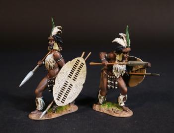 Two Zulu Warriors (advancing crouched, ready to thrust; advancing, spear pointed down), The uThulwana Regiment, The Zulu Impi, Battle of Gingindhlovu, 2nd April 1879--two figures -- TEMP O/S AT JJD! Two Zulu Warriors (advancing crouched, ready to thrust; advancing, spear pointed down), The uThulwana Regiment, The Zulu Impi, Battle of Gingindhlovu, 2nd April 1879--two figures -- TEMP O/S AT JJD! #51421