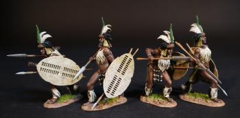 Four Zulu Warriors (2 advancing crouched, ready to thrust; 2 advancing, spear pointed down), The uThulwana Regiment, The Zulu Impi, Battle of Gingindhlovu, 2nd April 1879--four figures -- TEMP O/S AT JJD! Four Zulu Warriors (2 advancing crouched, ready to thrust; 2 advancing, spear pointed down), The uThulwana Regiment, The Zulu Impi, Battle of Gingindhlovu, 2nd April 1879--four figures -- TEMP O/S AT JJD! #51422